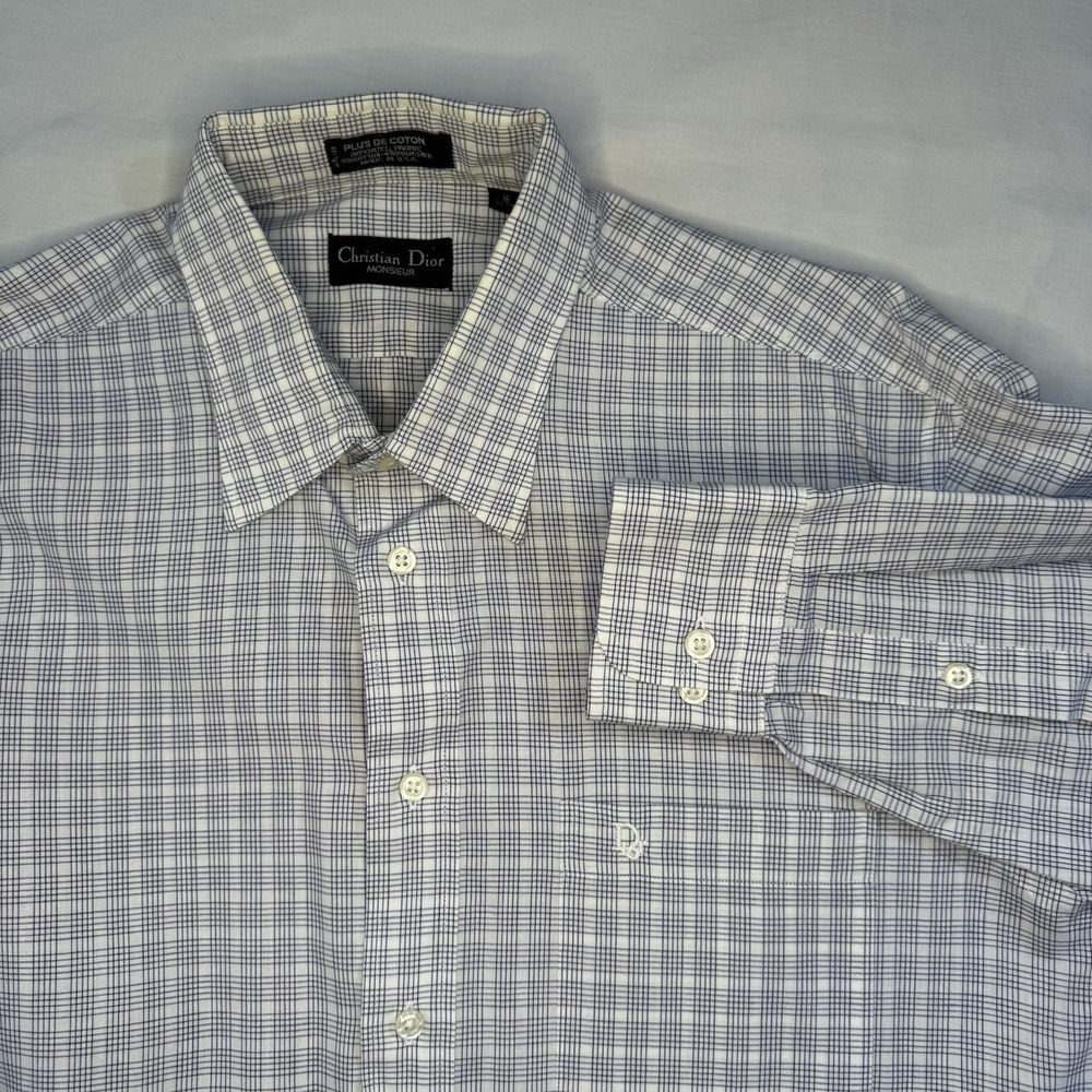 Christian Dior Monsieur Mens 16 32/33 Cotton Dress Shirt Long Sleeve Blue White